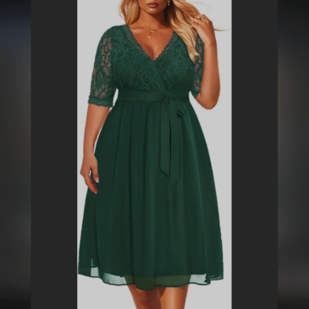 Pinup Fashion Green Lace Chiffon Crossover V Neck Midi Wrap Dress Women Size 16W